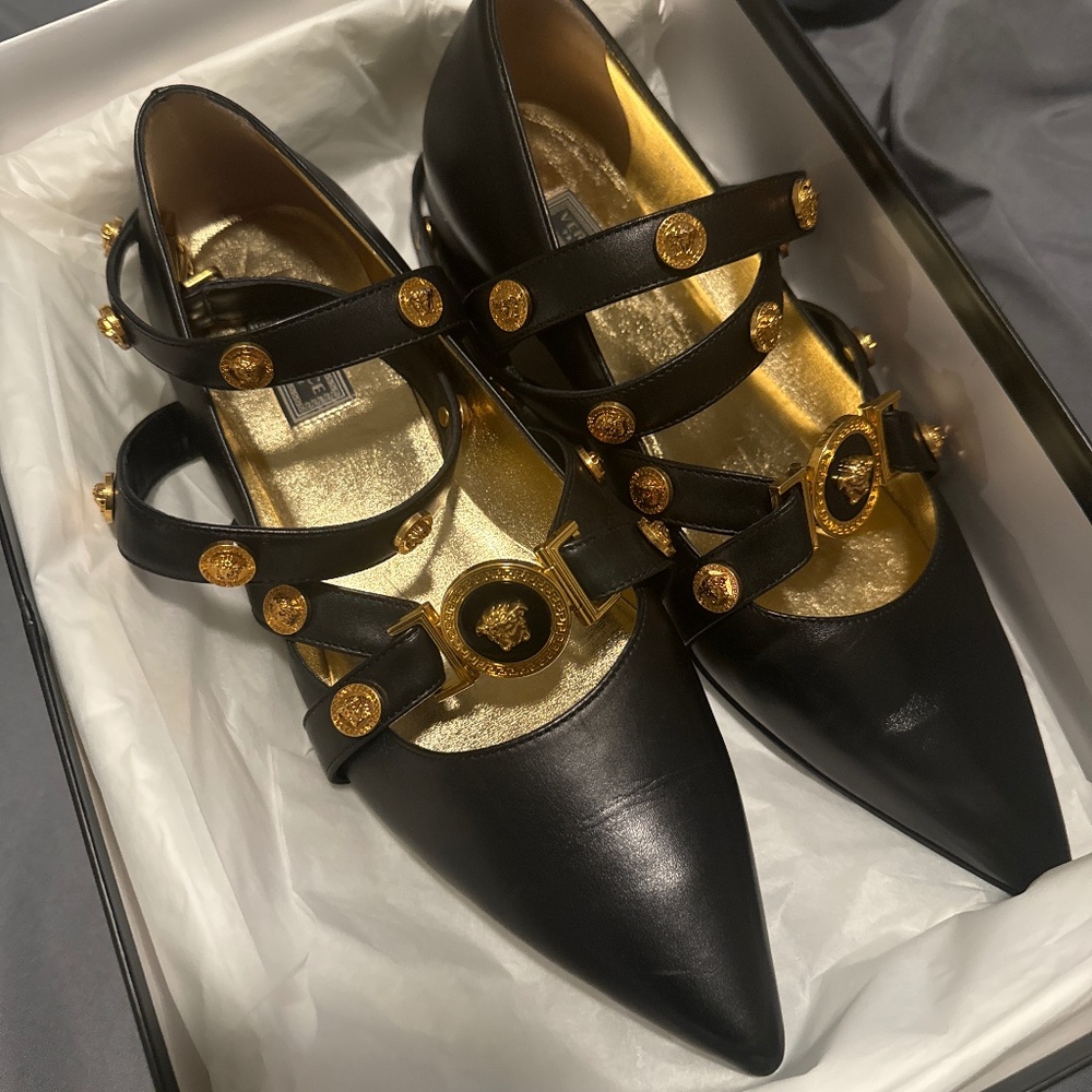 Versace Black Leather Pointed Toe Flats with Gold Medallions